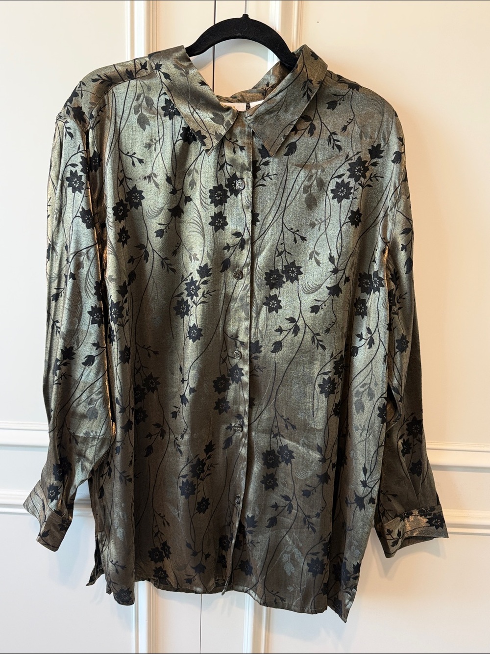 Women's Olive Green Floral Button-Down Blouse
